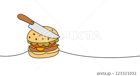 Fresh burger with knife one line colored continuous drawing. Traditional American fast food. 123321032