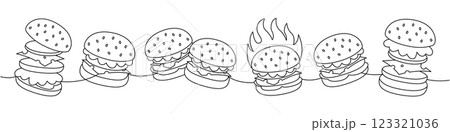 Burger set one line continuous drawing. Beef burger, hamburger, veggie burger, cheeseburger. Hand drawn elements for cafe menu, restaurants. Burger set one line continuous drawing. Beef burger, hamburger, veggie burger, cheeseburger. Hand drawn elements for cafe menu, restaurants. 123321036