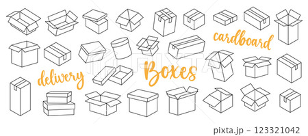 Delivery boxes outline set. Present gift boxes. Vector illustration. 123321042