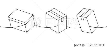 Cardboard boxes one line continuous drawing. Package cardboard boxes. Vector illustration. Cardboard boxes one line continuous drawing. Package cardboard boxes. Vector illustration. 123321051