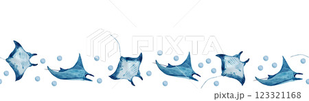 Sting ray watercolor seamless border isolated on white. High quality hand-drawn blue monochromatic illustration for notebooks, posters, wallpaper, textile, beach towel, wrapping paper and room, edge Sting ray watercolor seamless border isolated on white. High quality hand-drawn blue monochromatic illustration for notebooks, posters, wallpaper, textile, beach towel, wrapping paper and room, edge 123321168