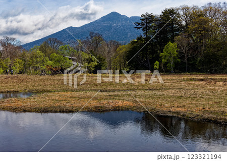 初夏の尾瀬ヶ原・竜宮小屋と燧ヶ岳の眺め 123321194