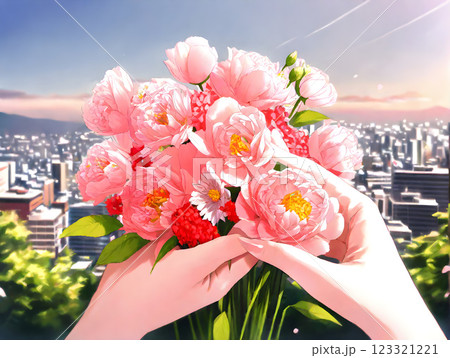 高層階のベランダで母の日を花束を受け取った手 123321221