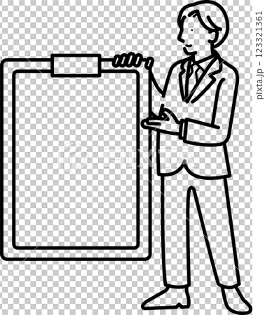 Illustration of a businessman directing the eye to a whiteboard (line drawing only) Illustration of a businessman directing the eye to a whiteboard (line drawing only) 123321361