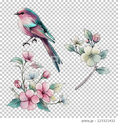 Spring watercolor composition with bird and flowers 123321432