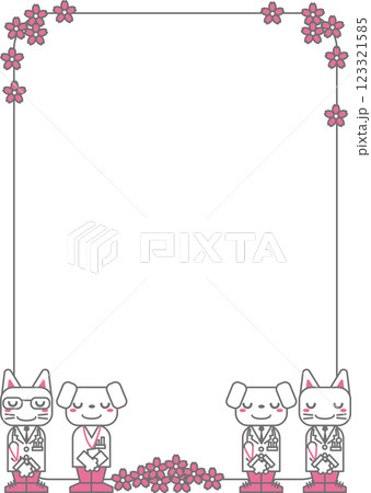 背景素材＜動物の医療関係者の謝罪フレーム・医師・看護師・御免なさい・会釈・お辞儀・犬・猫・縦位置＞ 123321585