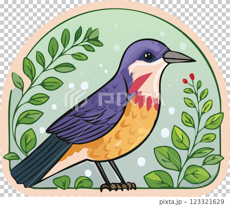 A beautifully illustrated bird with a purple head and orange body stands among green leaves and red berries, set against a soft green background. 123321629