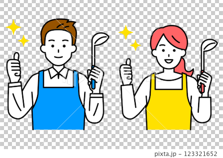 A man and woman in an apron holding a ladle and making a good sign 123321652