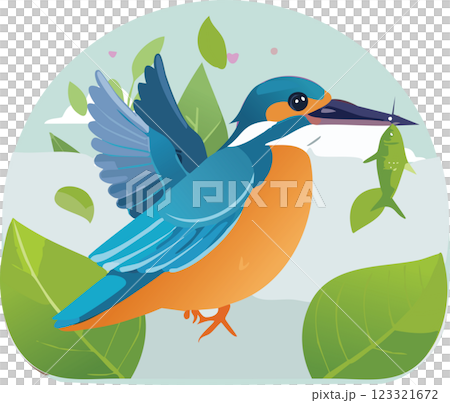 A vibrant kingfisher bird with blue and orange feathers, holding a small fish in its beak, surrounded by green leaves against a soft background. A vibrant kingfisher bird with blue and orange feathers, holding a small fish in its beak, surrounded by green leaves against a soft background. 123321672