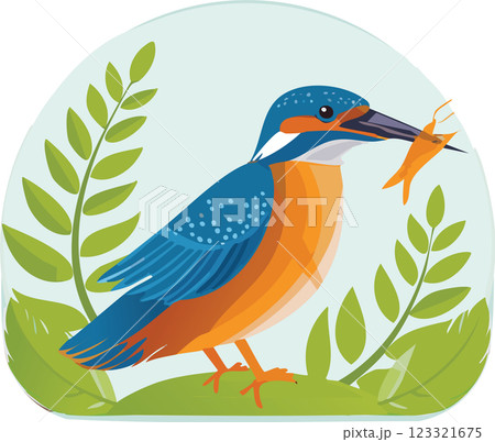 A vibrant kingfisher bird with blue and orange feathers, holding a small fish in its beak, surrounded by green leaves against a soft background. A vibrant kingfisher bird with blue and orange feathers, holding a small fish in its beak, surrounded by green leaves against a soft background. 123321675