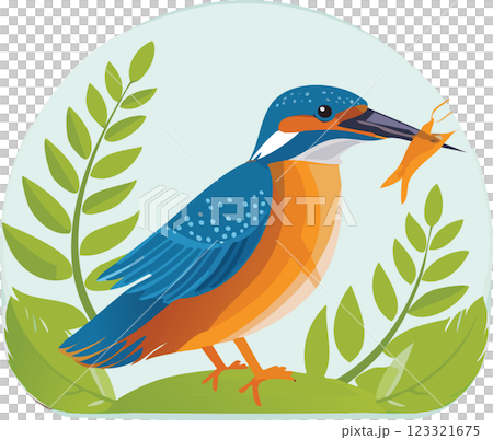 A vibrant kingfisher bird with blue and orange feathers, holding a small fish in its beak, surrounded by green leaves against a soft background. A vibrant kingfisher bird with blue and orange feathers, holding a small fish in its beak, surrounded by green leaves against a soft background. 123321675