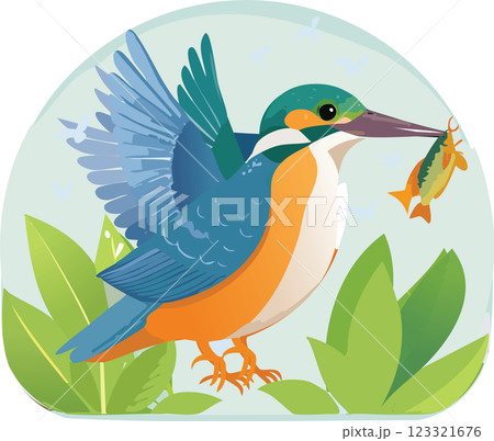 A vibrant kingfisher bird with blue and orange feathers, holding a small fish in its beak, surrounded by green leaves against a soft background. A vibrant kingfisher bird with blue and orange feathers, holding a small fish in its beak, surrounded by green leaves against a soft background. 123321676