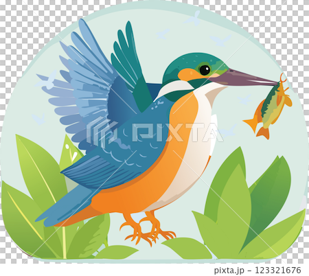 A vibrant kingfisher bird with blue and orange feathers, holding a small fish in its beak, surrounded by green leaves against a soft background. A vibrant kingfisher bird with blue and orange feathers, holding a small fish in its beak, surrounded by green leaves against a soft background. 123321676