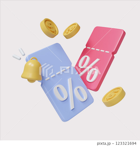Stylish discount tags in pink and blue with coins, 3D render illustration. 123321694