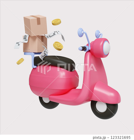 Delivery scooter with boxes and coins, 3D render illustration. 123321695