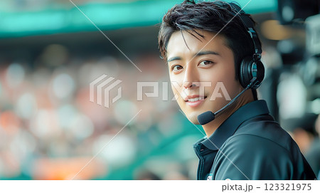 スタジアムで実況をする男性リポーターのイメージ 123321975
