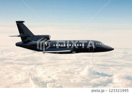 Modern black luxury executive business jet flies in the air above the clouds 123321995