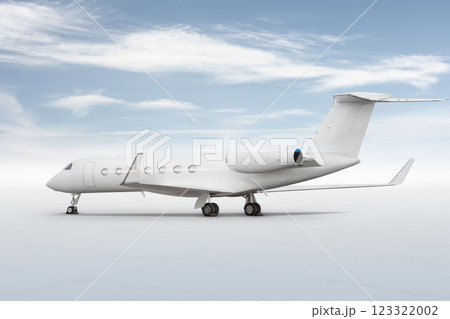 Modern white executive corporate business jet isolated on bright background with sky 123322002