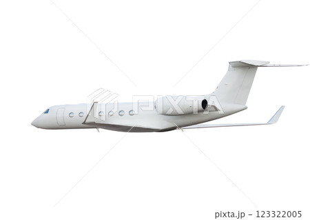Modern luxury private jet flies isolated on white background 123322005
