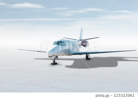 Modern white corporate business jet isolated on bright background with sky Modern white corporate business jet isolated on bright background with sky 123322061