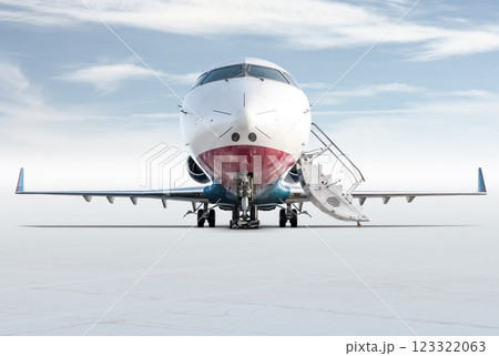 Front view of the modern corporate business jet with open gangway door isolated on bright background with sky Front view of the modern corporate business jet with open gangway door isolated on bright background with sky 123322063