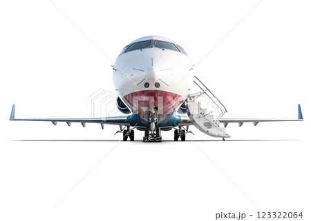 Front view of the modern corporate business jet with open gangway door isolated on white background Front view of the modern corporate business jet with open gangway door isolated on white background 123322064
