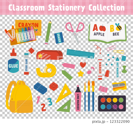 一套各種學校用品和文具/向量插圖 123322090