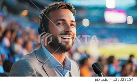 スタジアムで実況をする白人の男性リポーターのイメージ 123322154