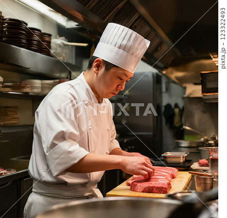 厨房で肉を調理をするシェフ 123322493