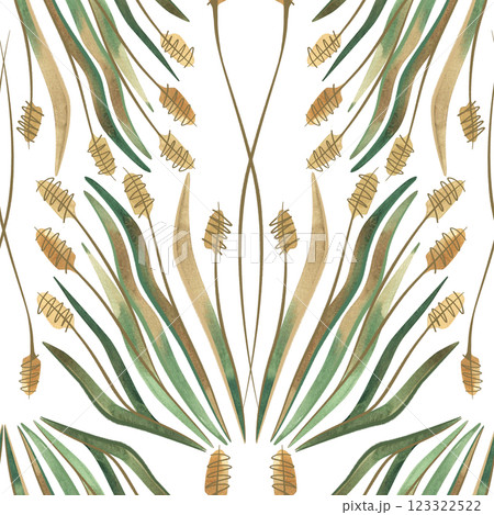 Textile seamless floral pattern with wild grasses and cereals. Design for kitchen home textiles, tablecloths, curtains, bed linen, dress fabrics, wrapping paper. 123322522