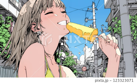 アイスキャンティを食べている若い女性