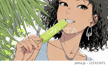アイスキャンティを食べている若い女性