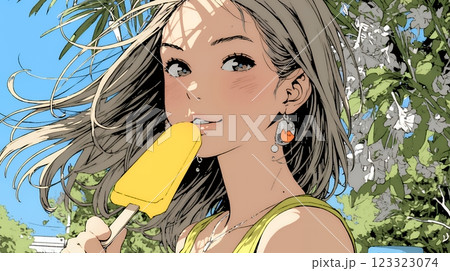 アイスキャンティを食べている若い女性