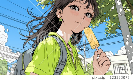 アイスキャンティを食べている若い女性