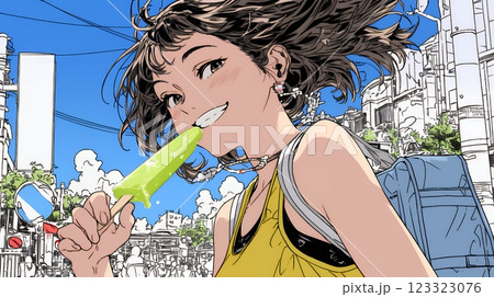 アイスキャンティを食べている若い女性