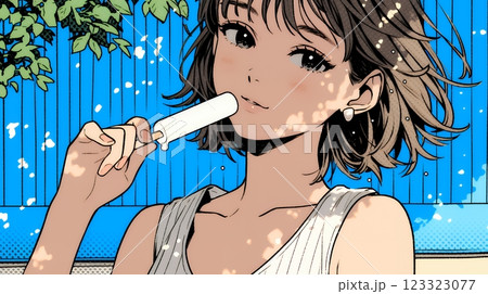 アイスキャンティを食べている若い女性