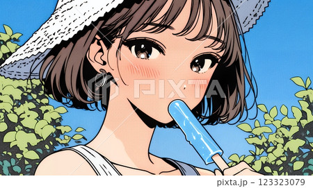 アイスキャンティを食べている若い女性
