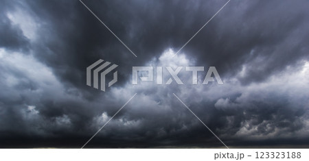 The dark sky with heavy clouds converging and a violent storm before the rain.Bad or moody weather sky and environment. carbon dioxide emissions, greenhouse effect, global warming, climate change. 123323188