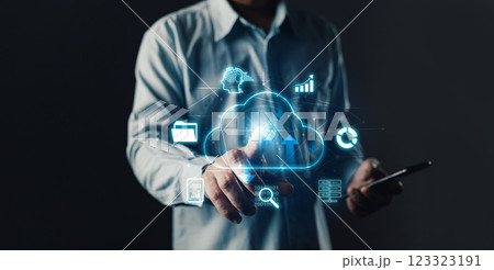 Cloud computing diagram show on hand.Data storage.the use of online digital network technology in business, online digital marketplace.Cloud tech system sharing management for upload download transfer 123323191