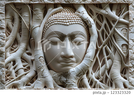 世界遺産  ワット・マハータート  木の根で覆われた仏頭  123323320