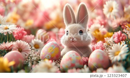 A rabbit sits beside colorful Easter eggs, symbolizing the joy and renewal of Easter celebrations. The concept of festivity, tradition, and the arrival of spring. A rabbit sits beside colorful Easter eggs, symbolizing the joy and renewal of Easter celebrations. The concept of festivity, tradition, and the arrival of spring. 123323407