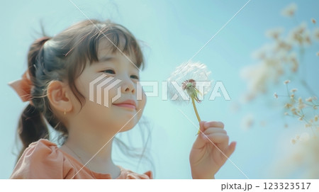 Little girl with dandelion flower feel free nature meadow sunlight 123323517