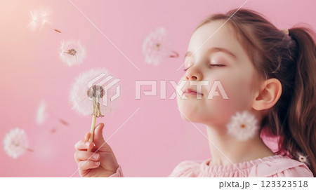 Little girl with dandelion flower feel free nature meadow sunlight 123323518