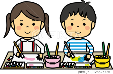 絵の具を使う小学生男女 123323526