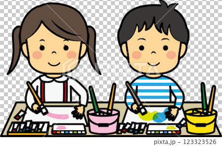 絵の具を使う小学生男女 123323526