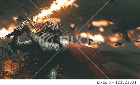 Undead Knight Wielding Flaming Sword in Battle Undead Knight Wielding Flaming Sword in Battle 123323631