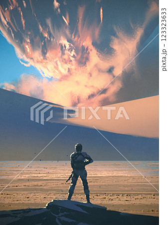 Futuristic Soldier Facing Massive Sandstorm in Desert 123323633