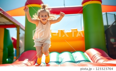 Little girl jumping on an inflatable bouncy castle 123323764
