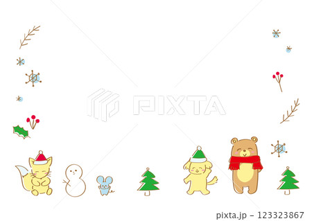 かわいい冬の手書きの動物フレーム　クリスマス　冬　お楽しみ会 123323867