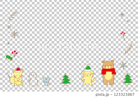 かわいい冬の手書きの動物フレーム　クリスマス　冬　お楽しみ会 123323867
